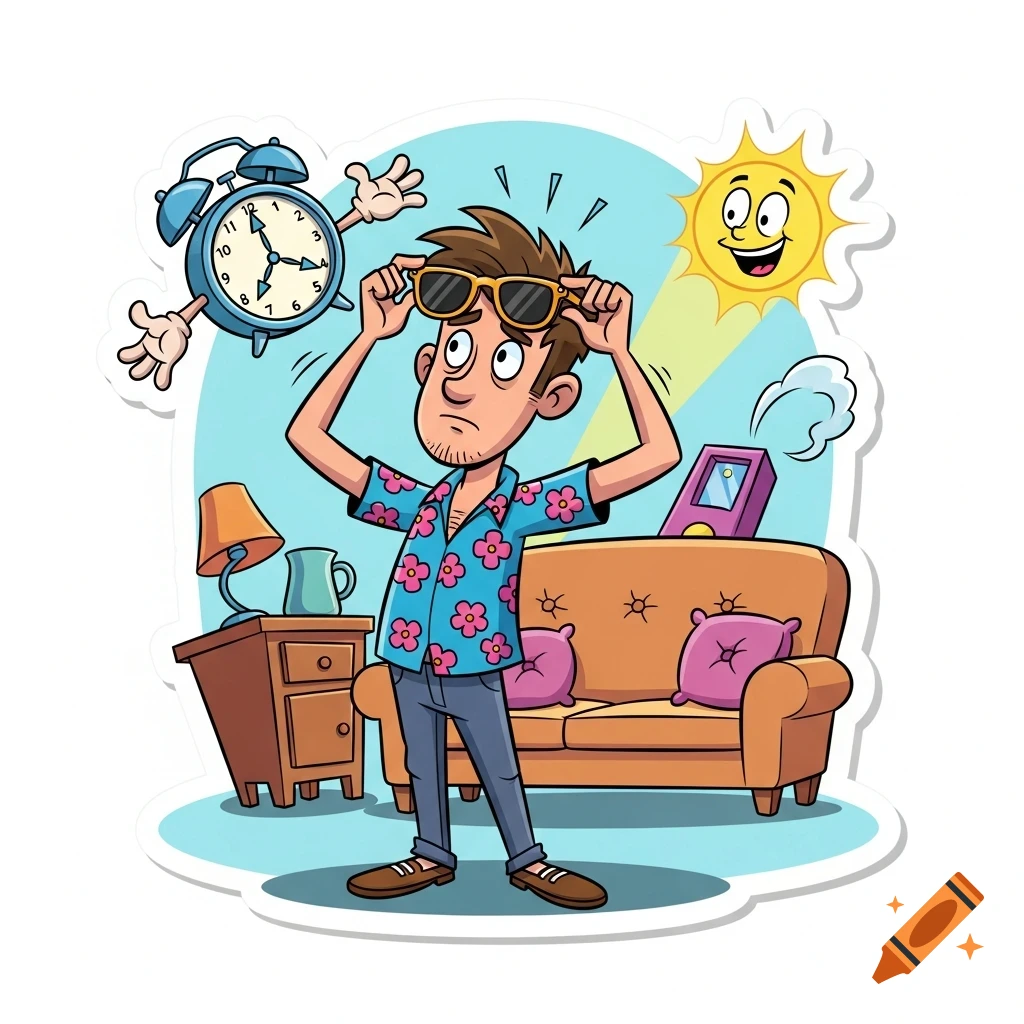 Confused cartoon man searching for sunglasses on his head, with a grinning sun, alarm clock, and furniture in a sticker style.