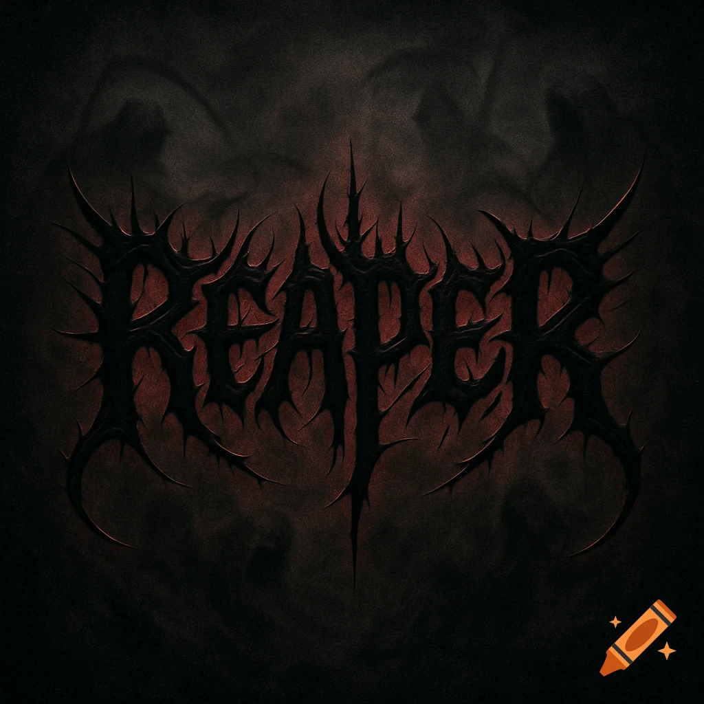 The word REAPER in spiky death metal lettering on a dark, smoky red background.