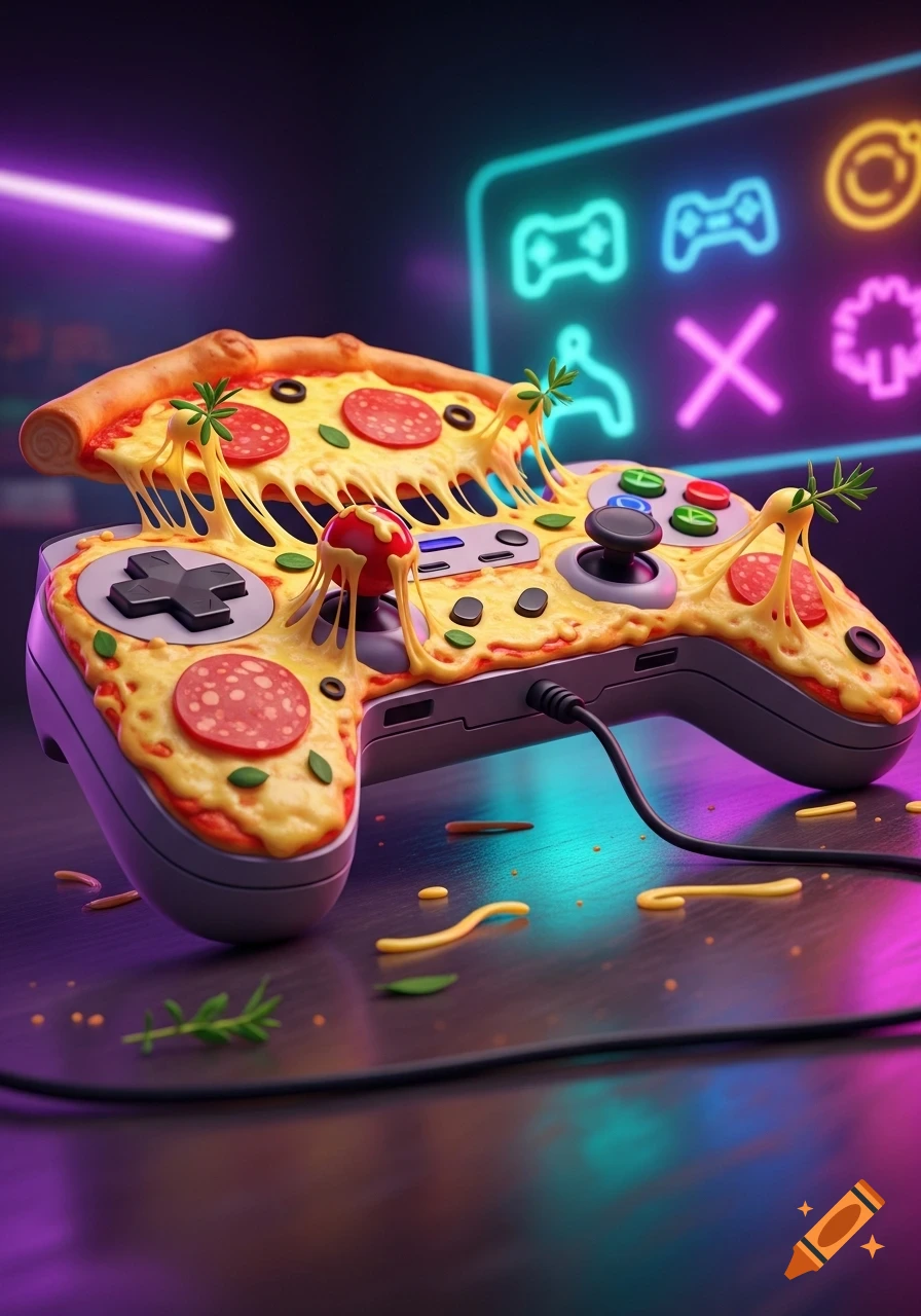 A cheesy pepperoni pizza slice melting over a gray gaming controller with glowing neon gaming icons in the background.