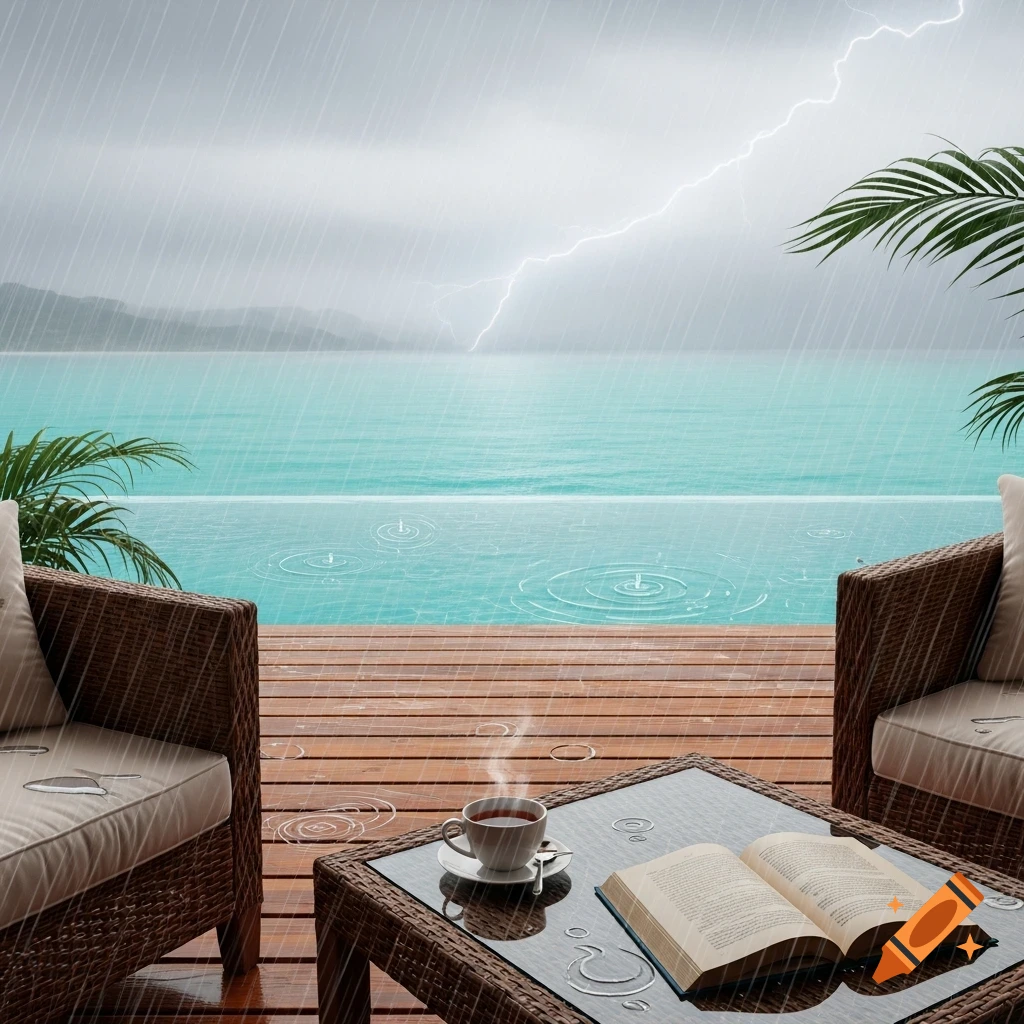 A stormy tropical villa terrace overlooking the ocean with rain, lightning, a steaming cup of coffee, and an open book.