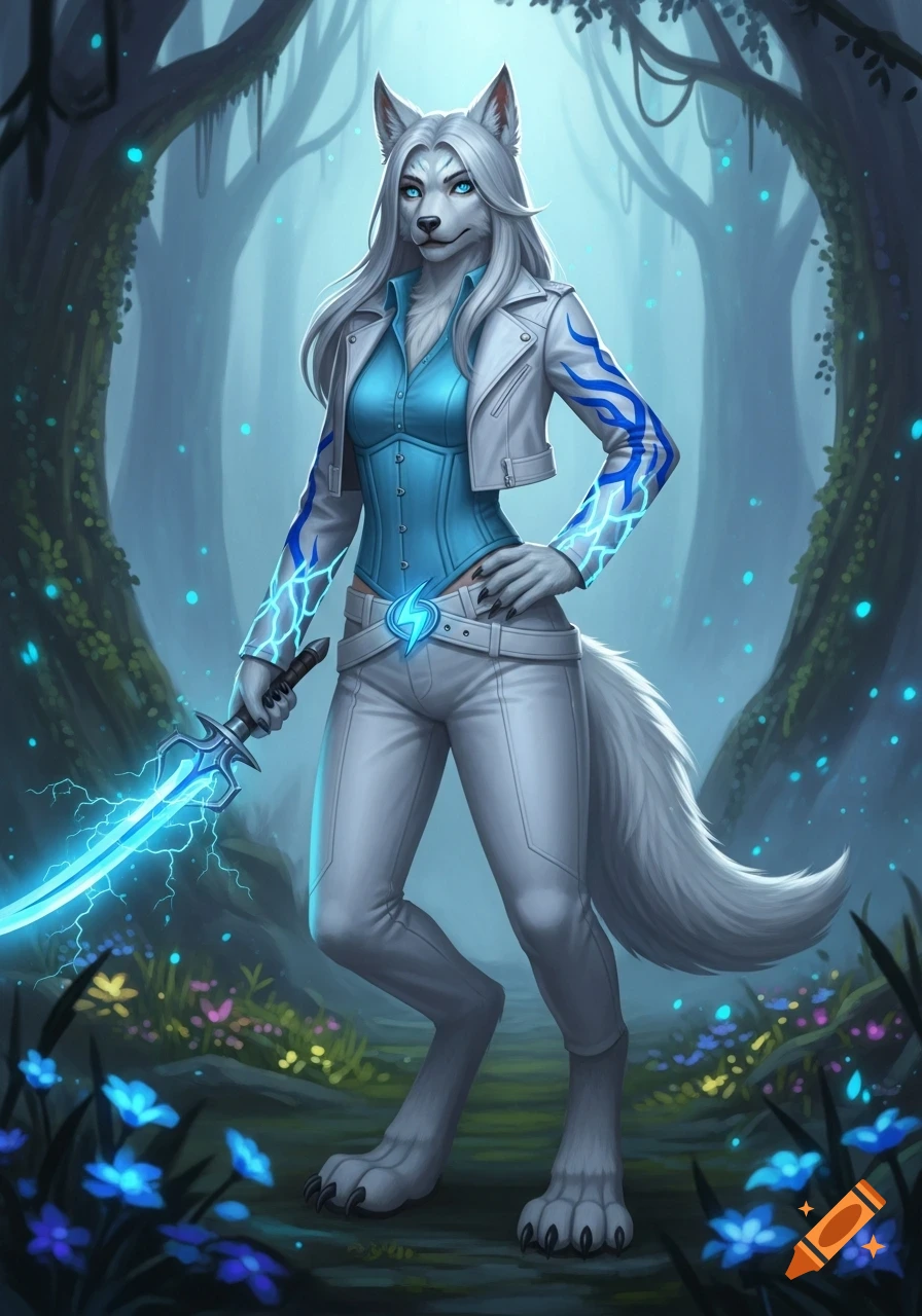 A white furry wolf-human girl in a white jacket and blue corset stands in an enchanted forest, holding a glowing blue lightning sword.