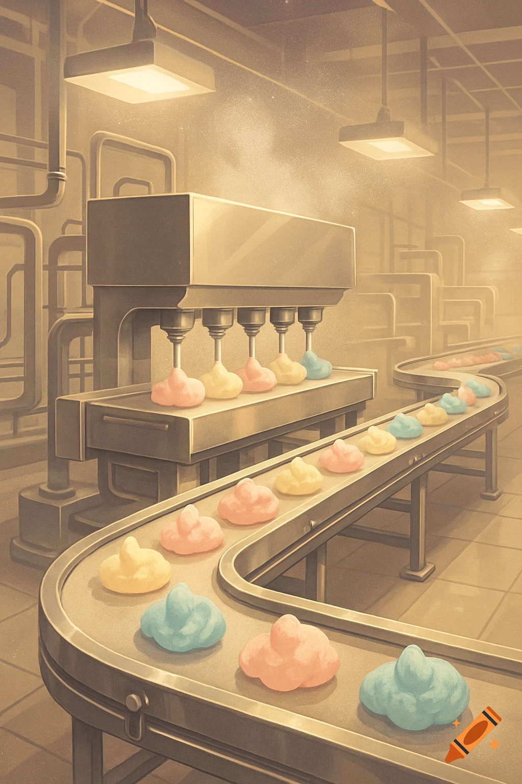 Illustrated factory production line with machines dispensing colorful marshmallows onto a conveyor belt.