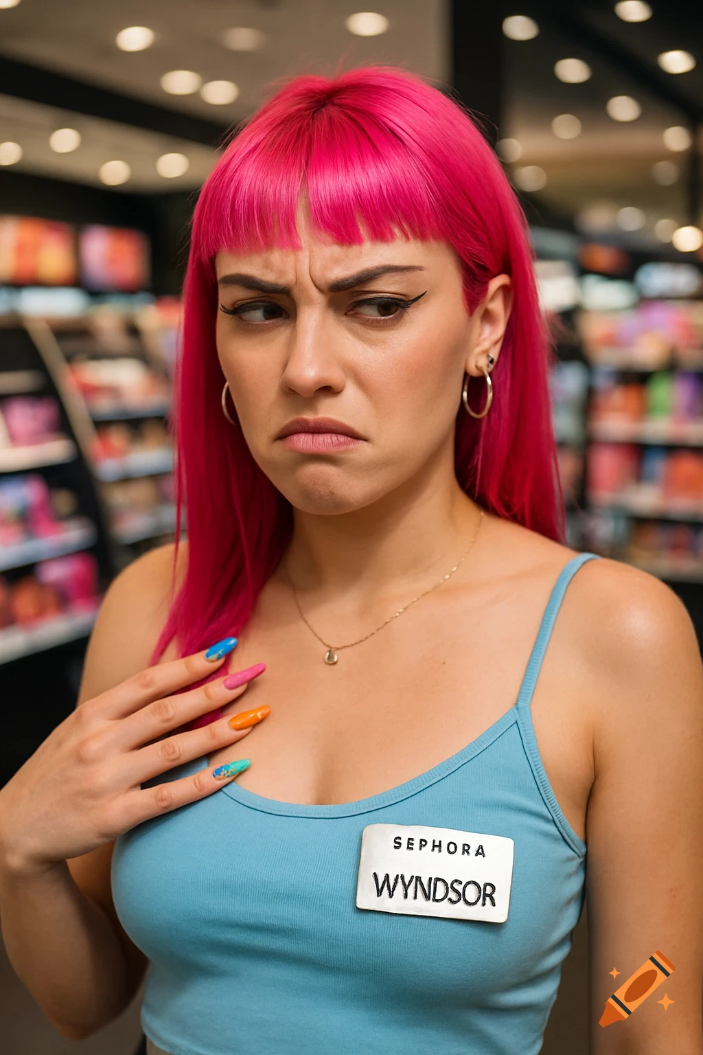 An annoyed woman with hot pink hair and colorful nails, wearing a blue tank top and Sephora name tag, looks away in a store.