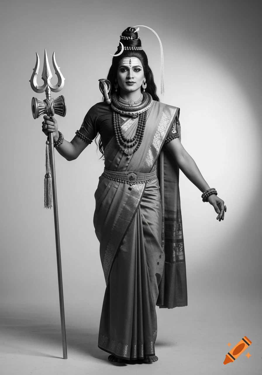 Black and white studio portrait of a person dressed as Shiva, adorned with traditional attire, elaborate jewelry, and holding a trident.