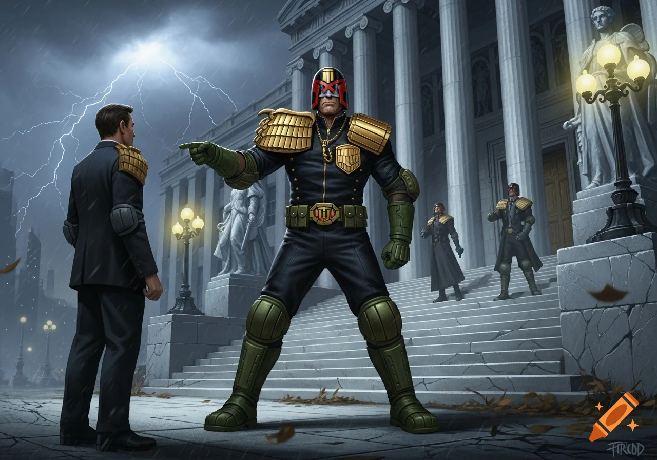 Judge Dredd in a black and green uniform points at a man in a suit during a thunderstorm outside a classical building, with other judges on the steps.
