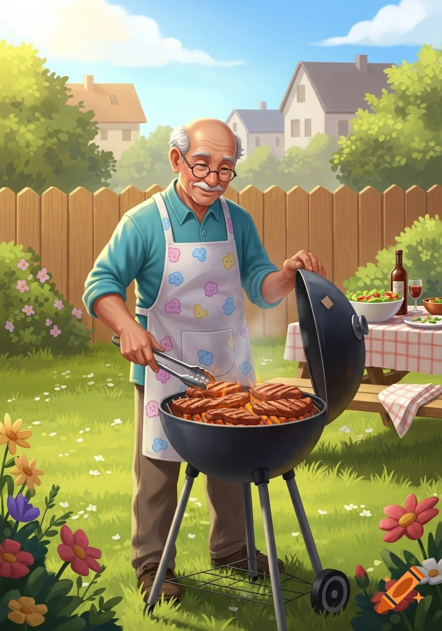 An illustrated old man with glasses and an apron grills meat on a barbecue in a sunny backyard with a fence and houses.