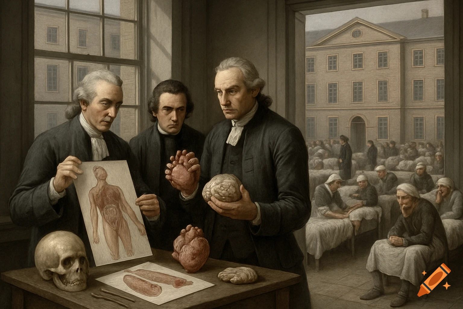 An 18th-century painting shows three male physicians studying anatomy. One holds a body diagram, another a heart and brain, with a skull and organs on a table. In the background, a hospital ward with many patients is visible.