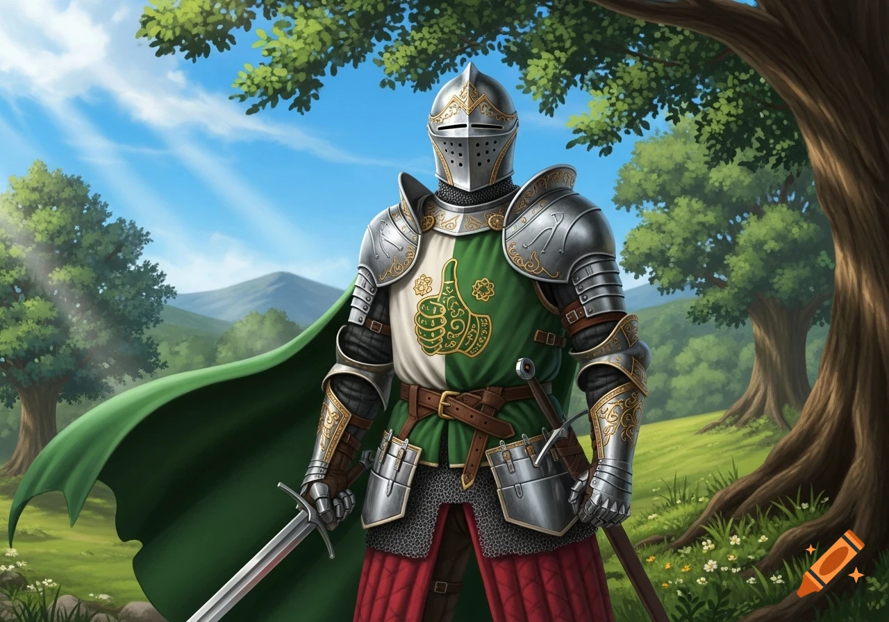 A knight in ornate silver and gold armor with a green and white surcoat featuring a golden thumbs-up symbol, standing in a lush forest.