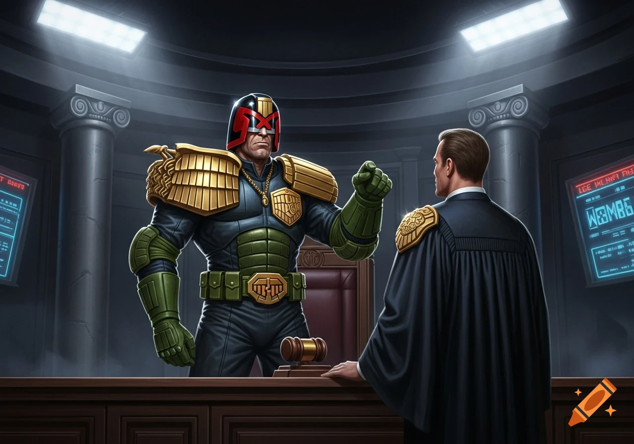 Judge Dredd, in his iconic helmet and armor, points accusingly at a man in a black judicial robe within a futuristic courtroom.