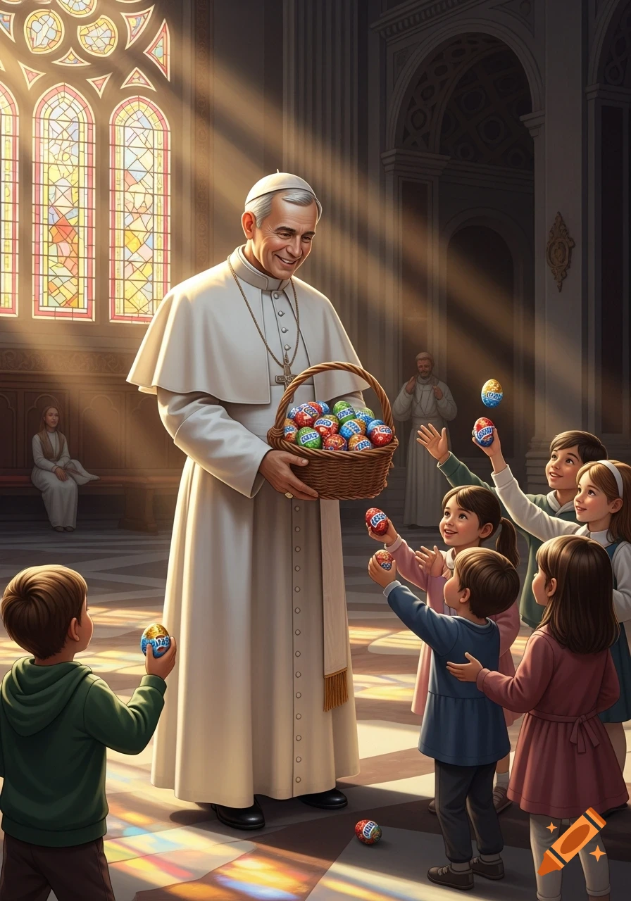 The Pope, dressed in white, smiles while holding a basket of colorful Easter eggs for children reaching out to receive them in a sunlit church.
