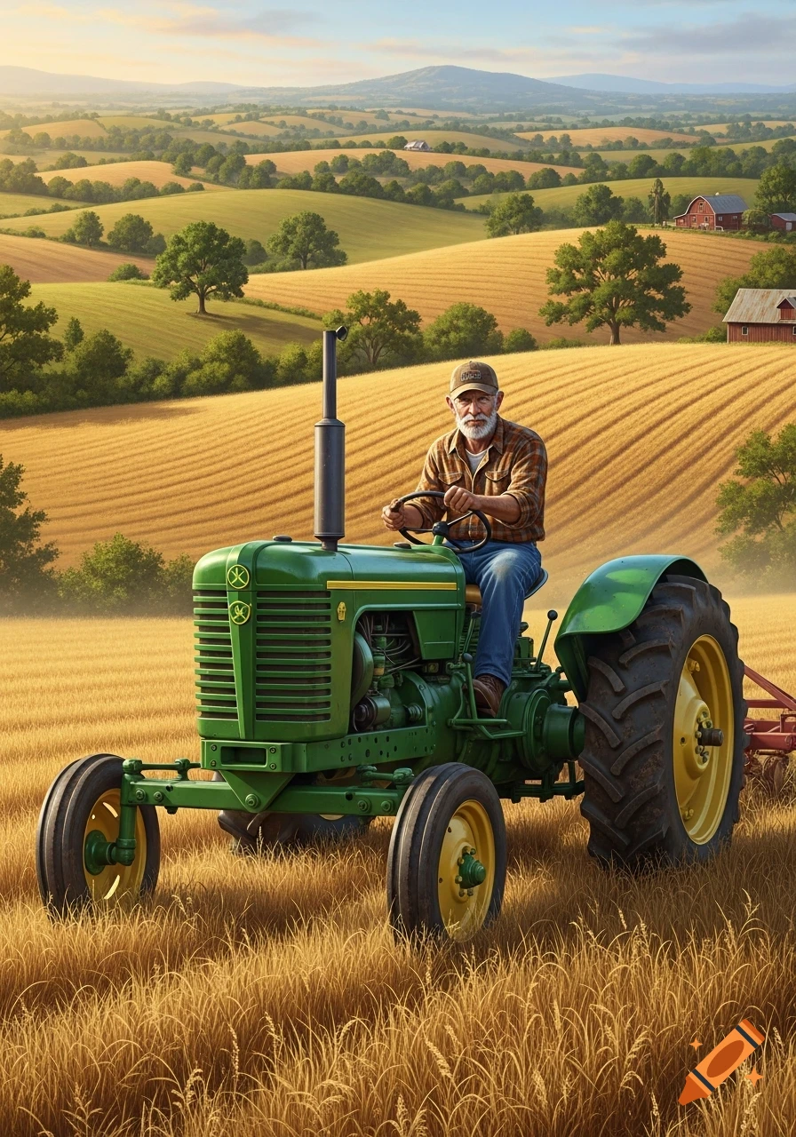 Photorealistic image of an elderly farmer driving a green tractor through a golden field, with rolling hills and barns in the background under a soft sky.