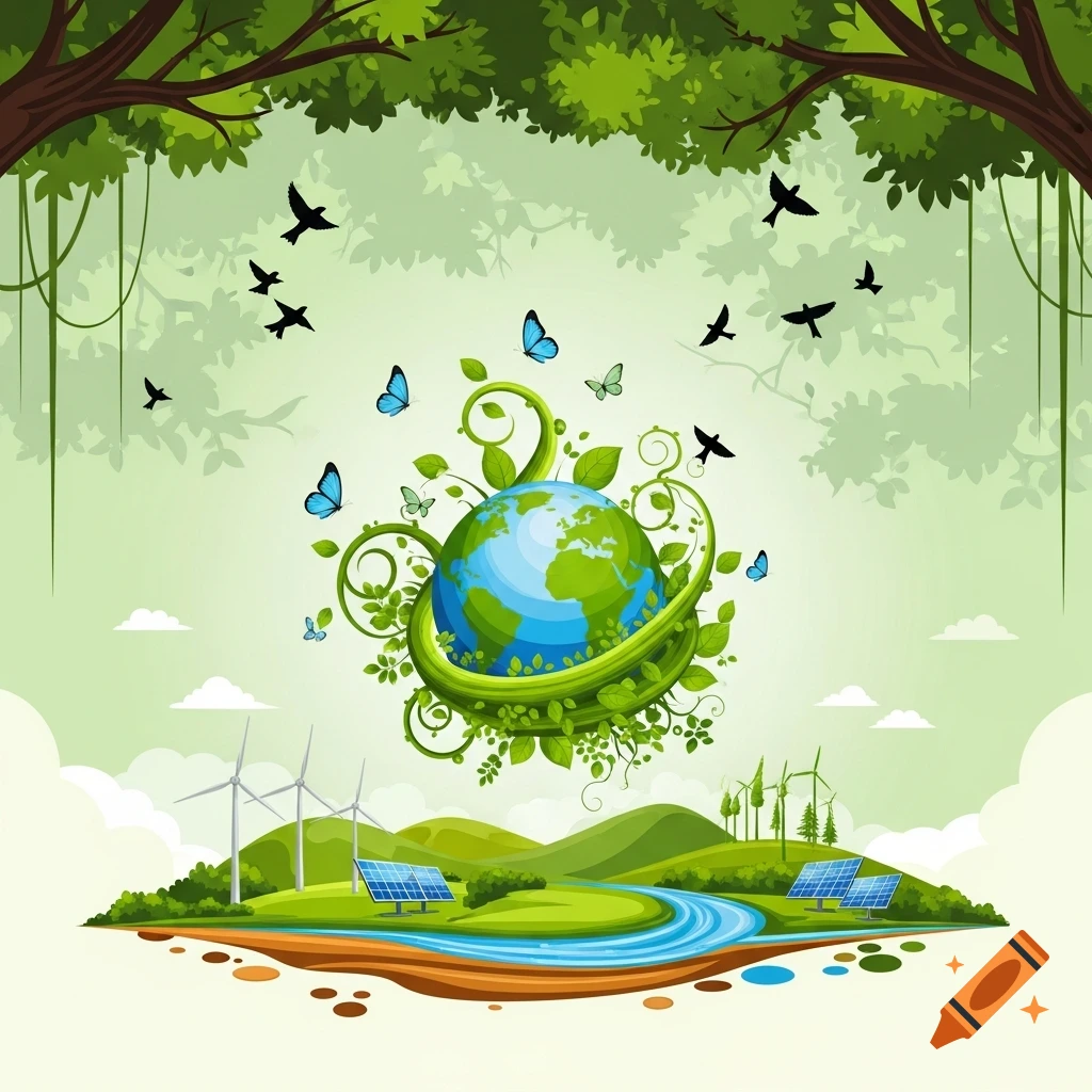 Illustration of a green Earth surrounded by vines and butterflies, above a landscape with wind turbines and solar panels.