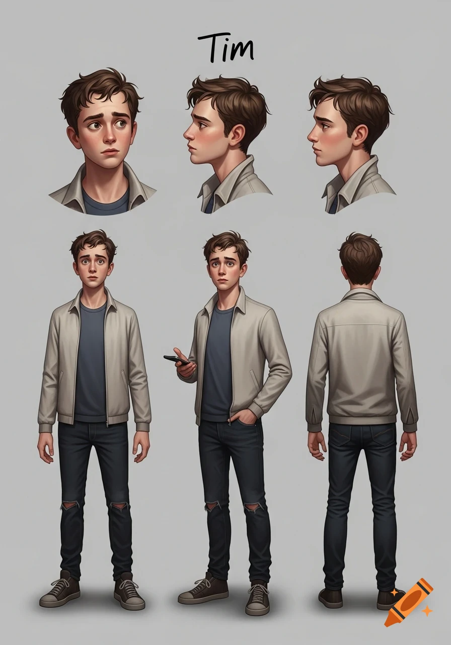 Character sheet of a young man named Tim, in a gray jacket and dark jeans, depicted in multiple poses and expressions.