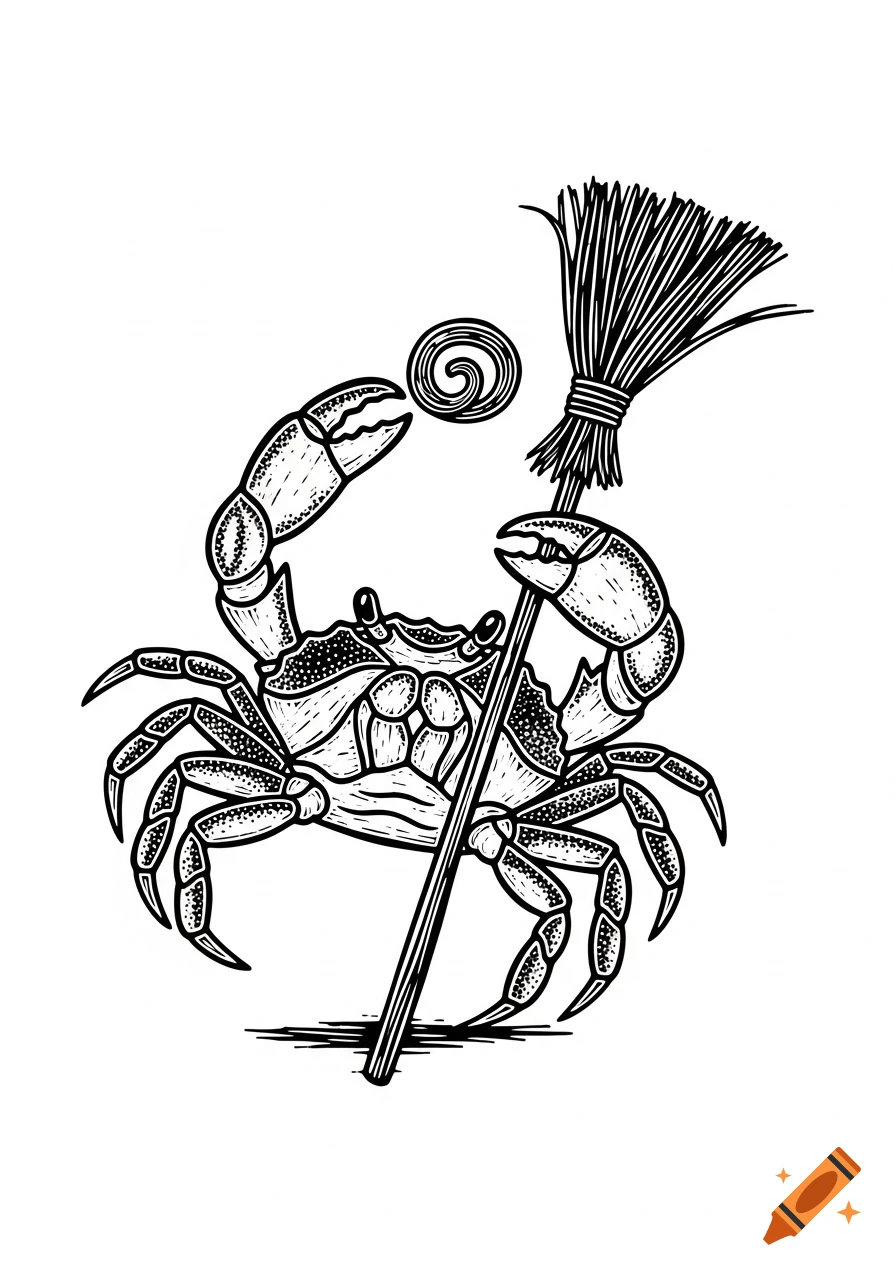 Black and white linocut illustration of a crab holding a curling broom.