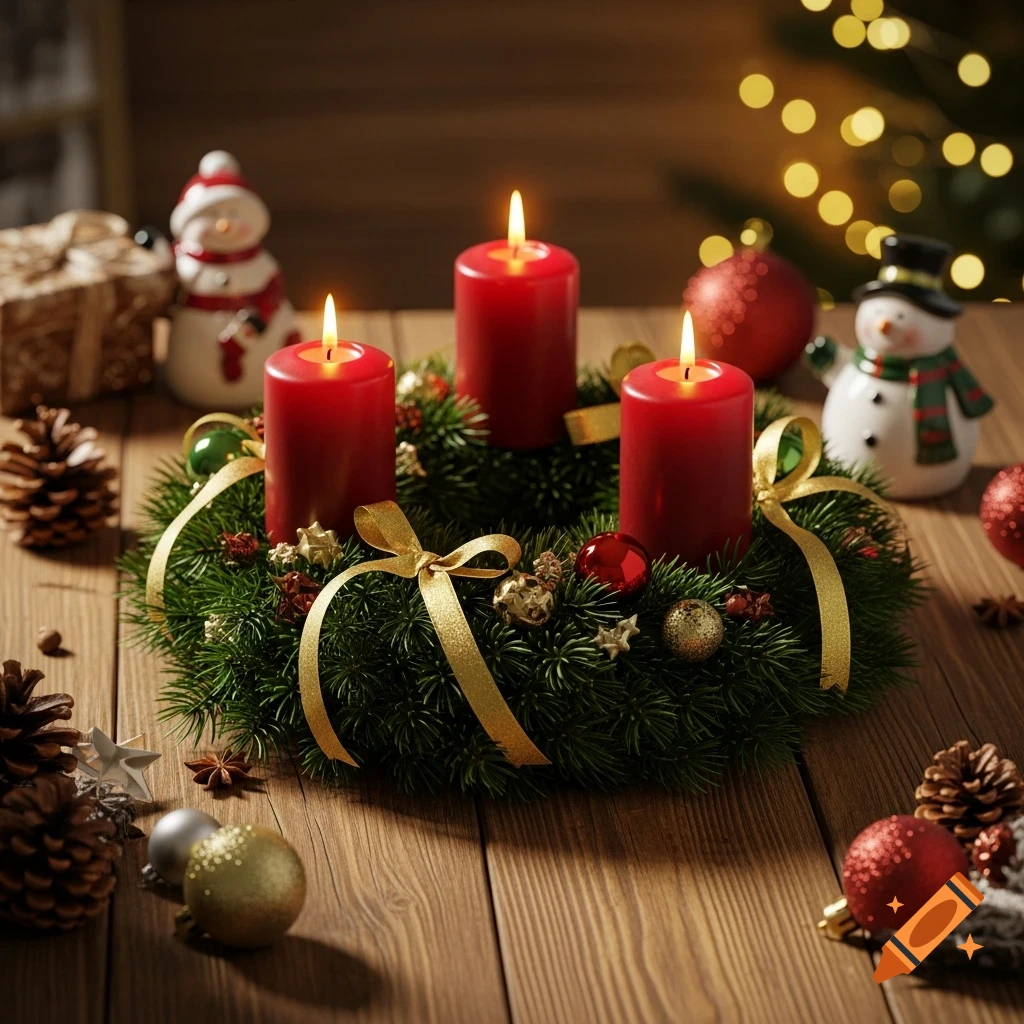 Photorealistic Advent wreath with three lit red candles, gold ribbons, pine cones, and ornaments on a wooden table, with snowmen and bokeh lights.
