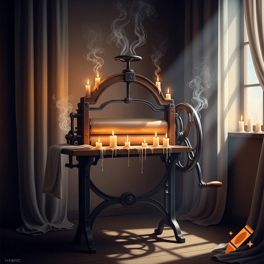 Vintage clothes mangle covered in lit, melting candles, with smoke, in a dimly lit room with sunlight.