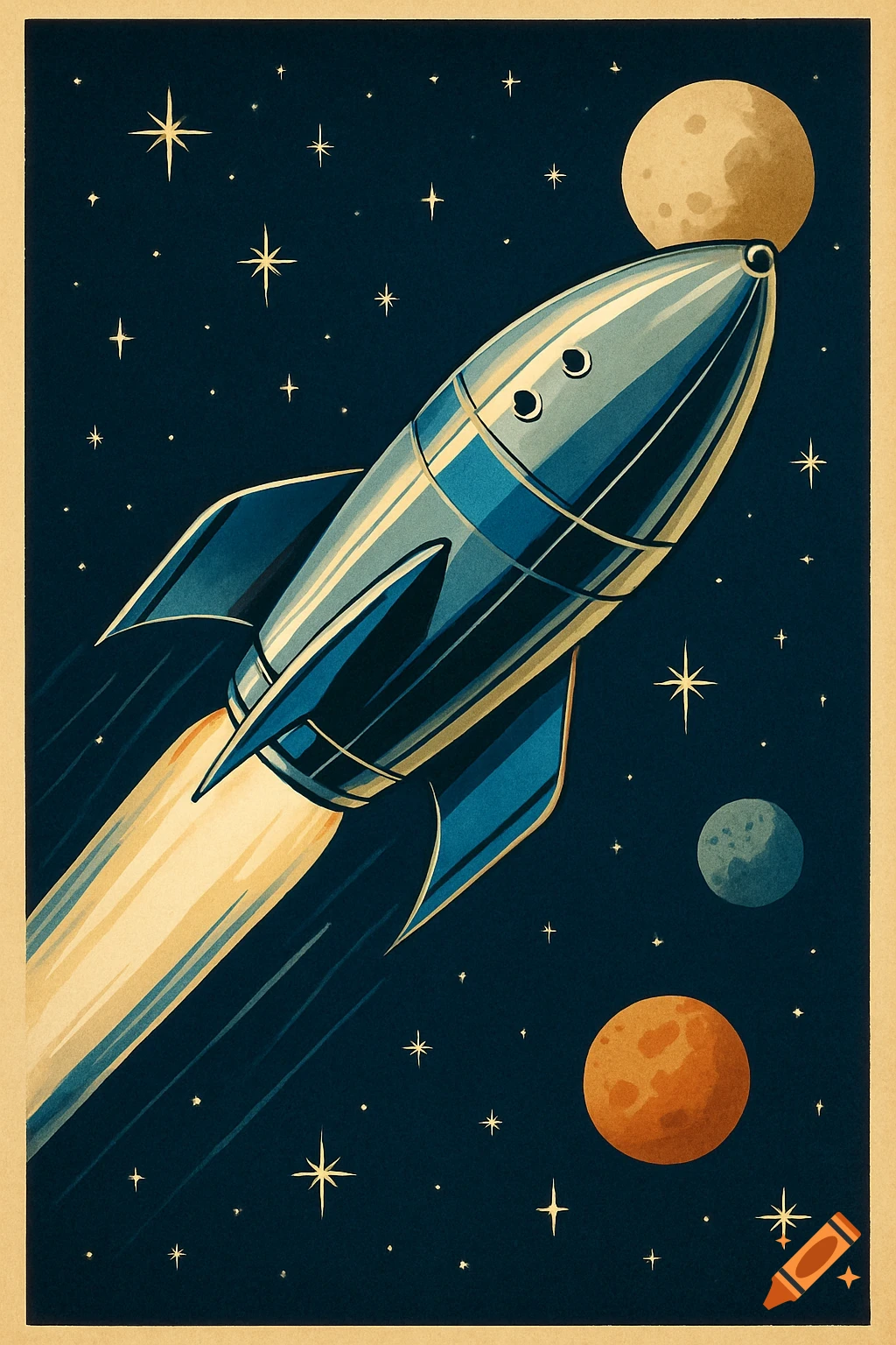 A retro 1940s style travel poster depicting a blue and silver rocket ship flying through a starry dark blue space with three planets.