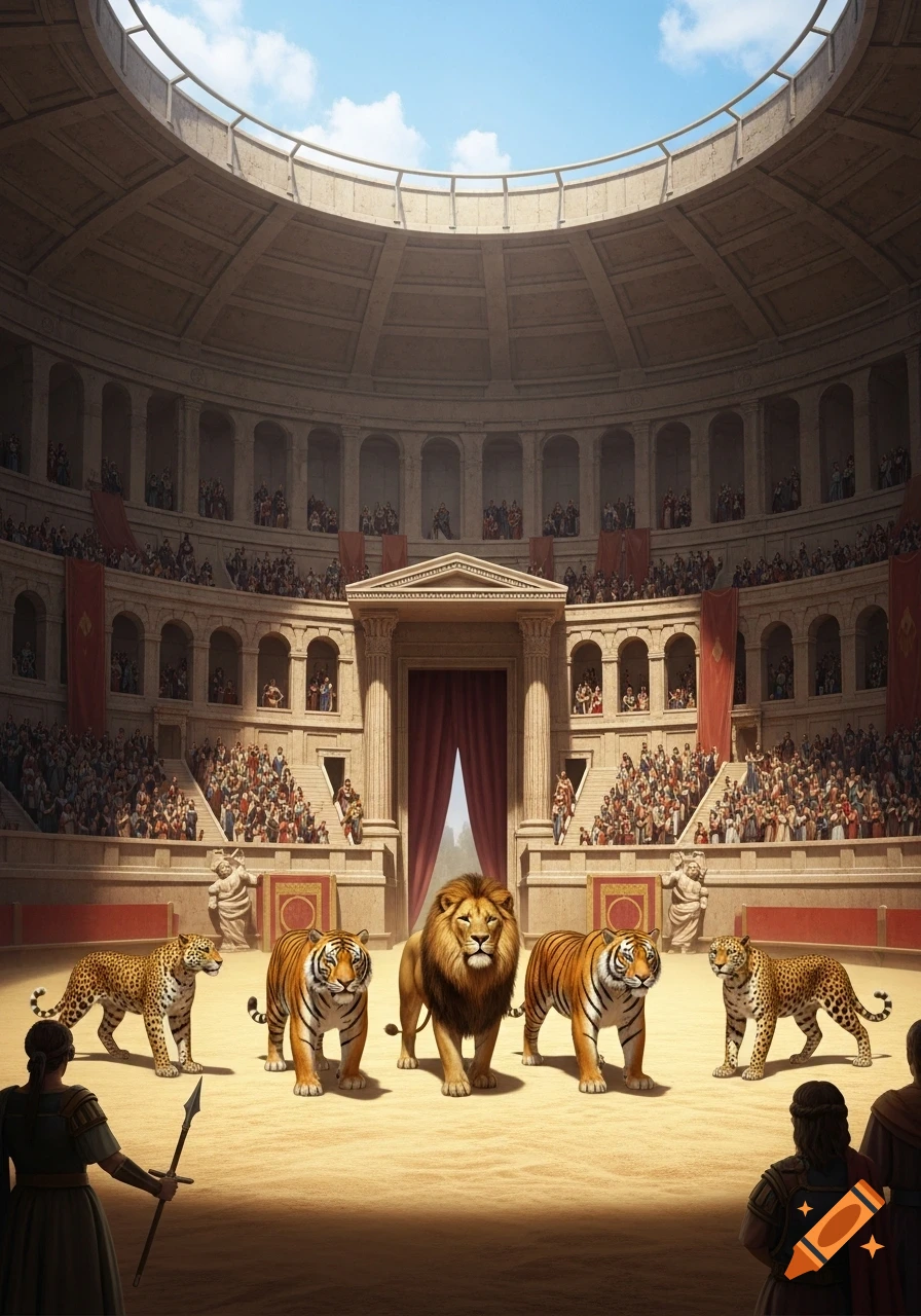 A lion, two tigers, and two leopards stand in a grand Roman arena filled with spectators and two figures.
