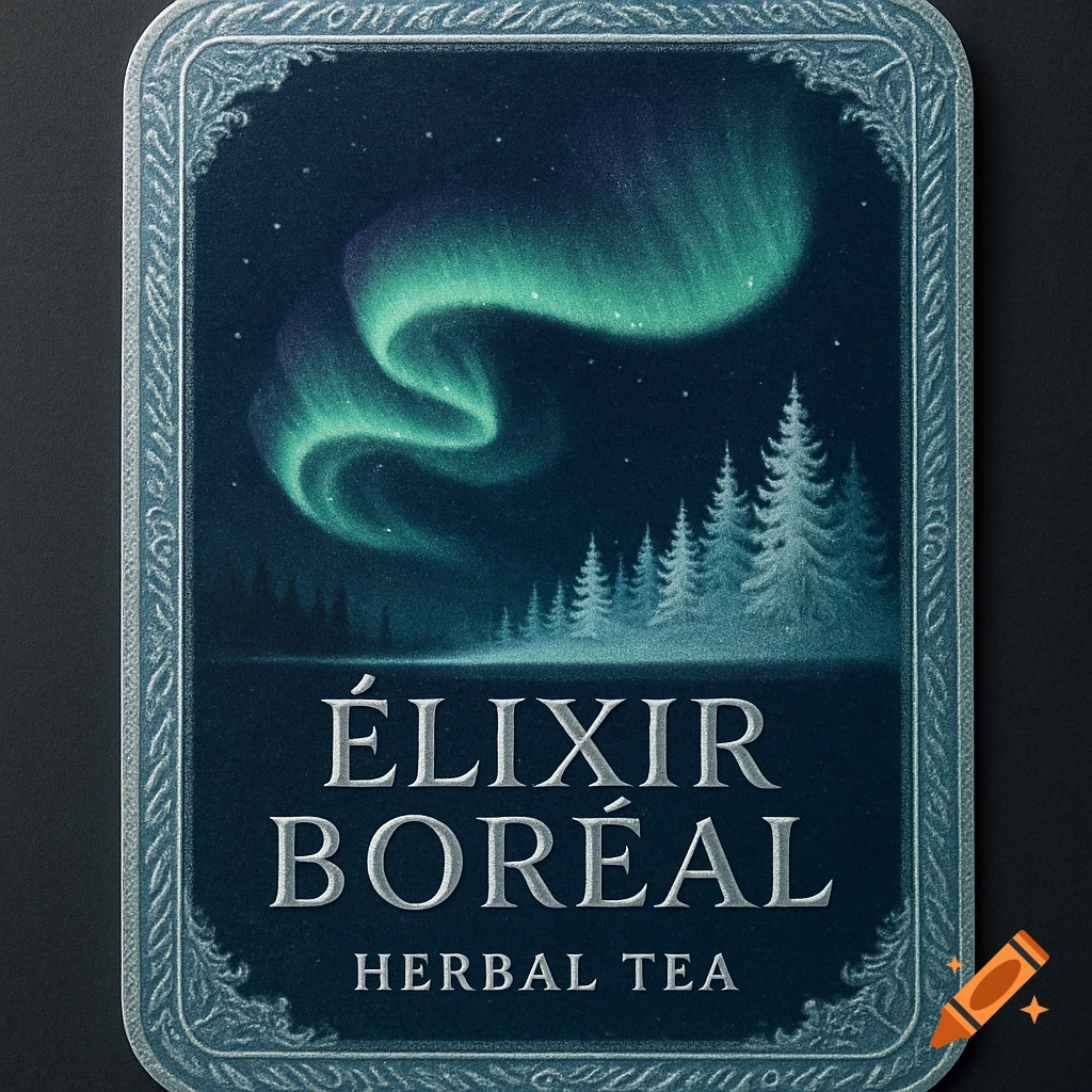A label for "ÉLIXIR BORÉAL HERBAL TEA" featuring a vibrant aurora borealis over a snowy pine forest at night.