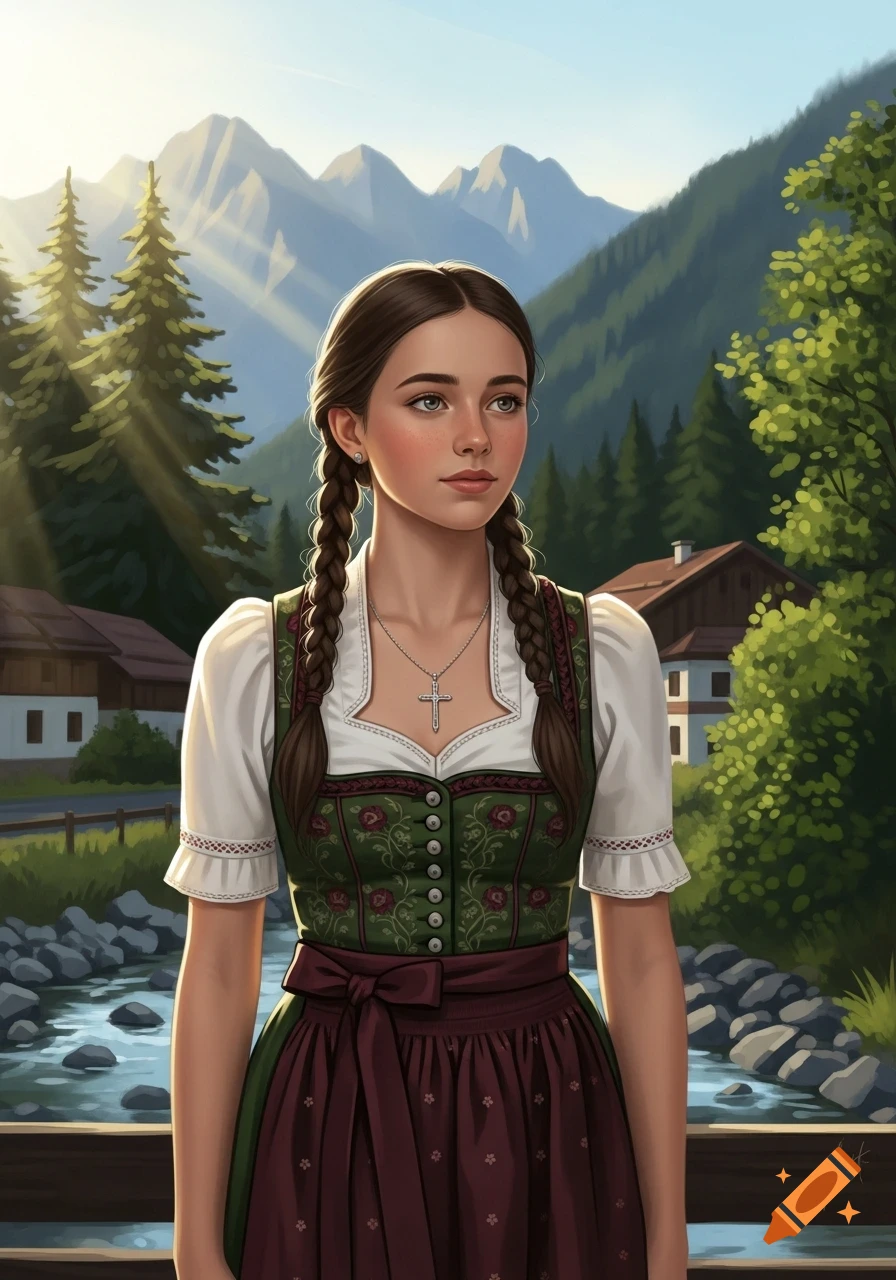 A young girl with braided hair, wearing a traditional Bavarian dirndl and a cross necklace, stands in a mountain landscape with houses and a stream.