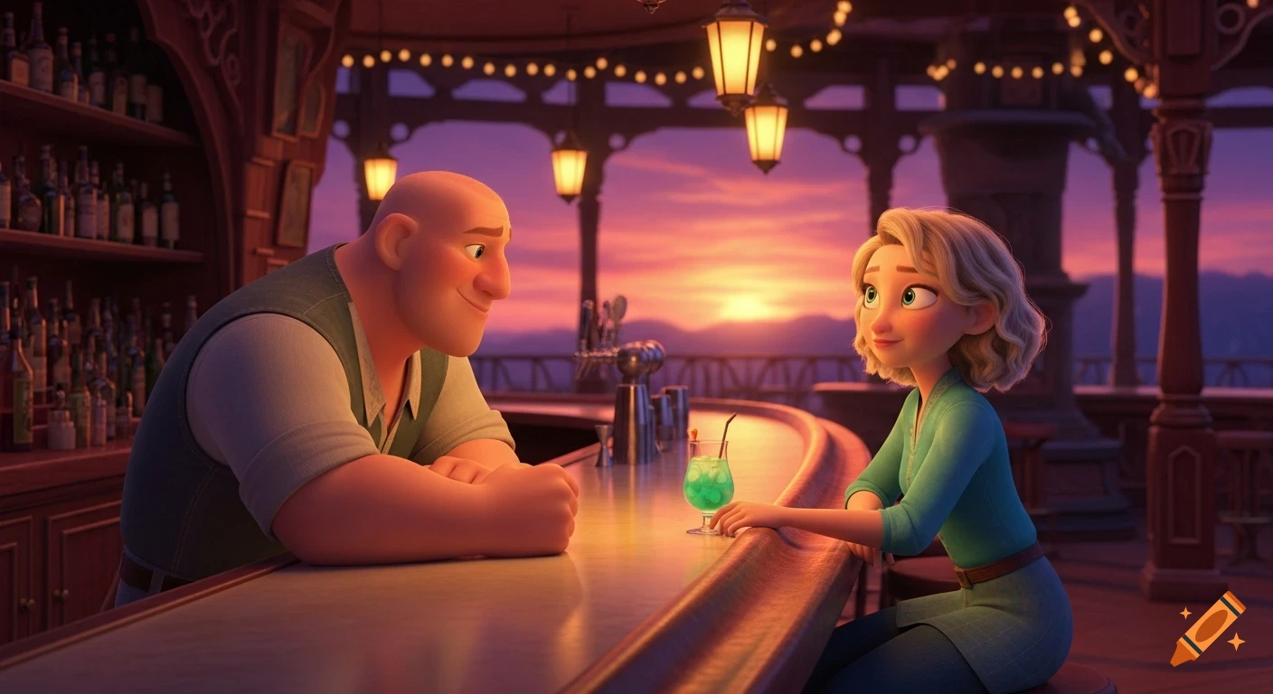 A bald man and a woman with blonde hair look at each other at a cozy Disney Pixar animated sunset bar with warm lights.