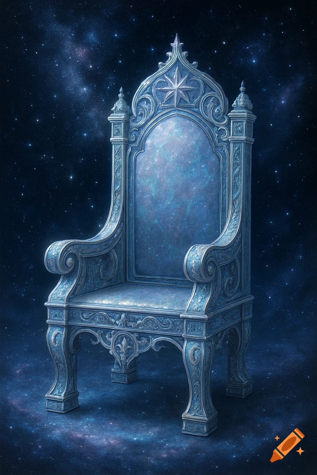An ornate, icy blue throne sits on a starry cosmic ground, against a dark blue starry sky.