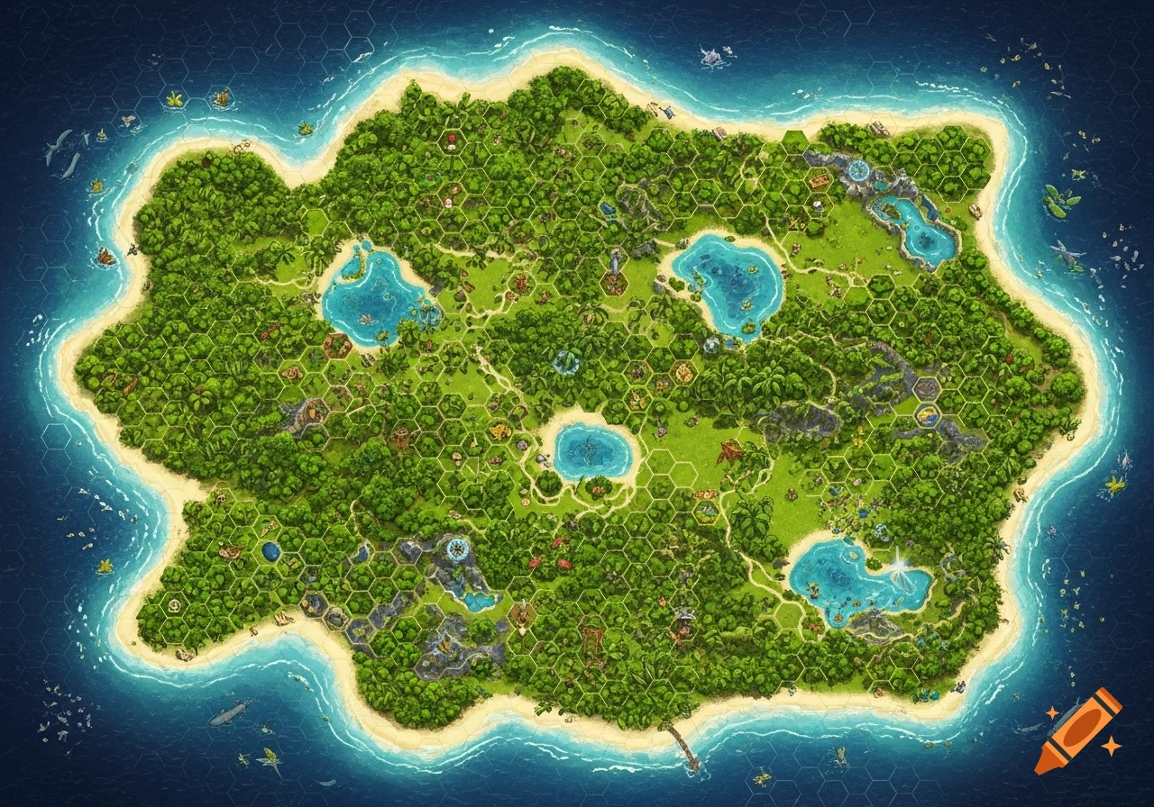 Detailed aerial view of a vibrant tropical island, designed as a board game map with hexagonal grid tiles, lush forests, lakes, and sandy beaches.