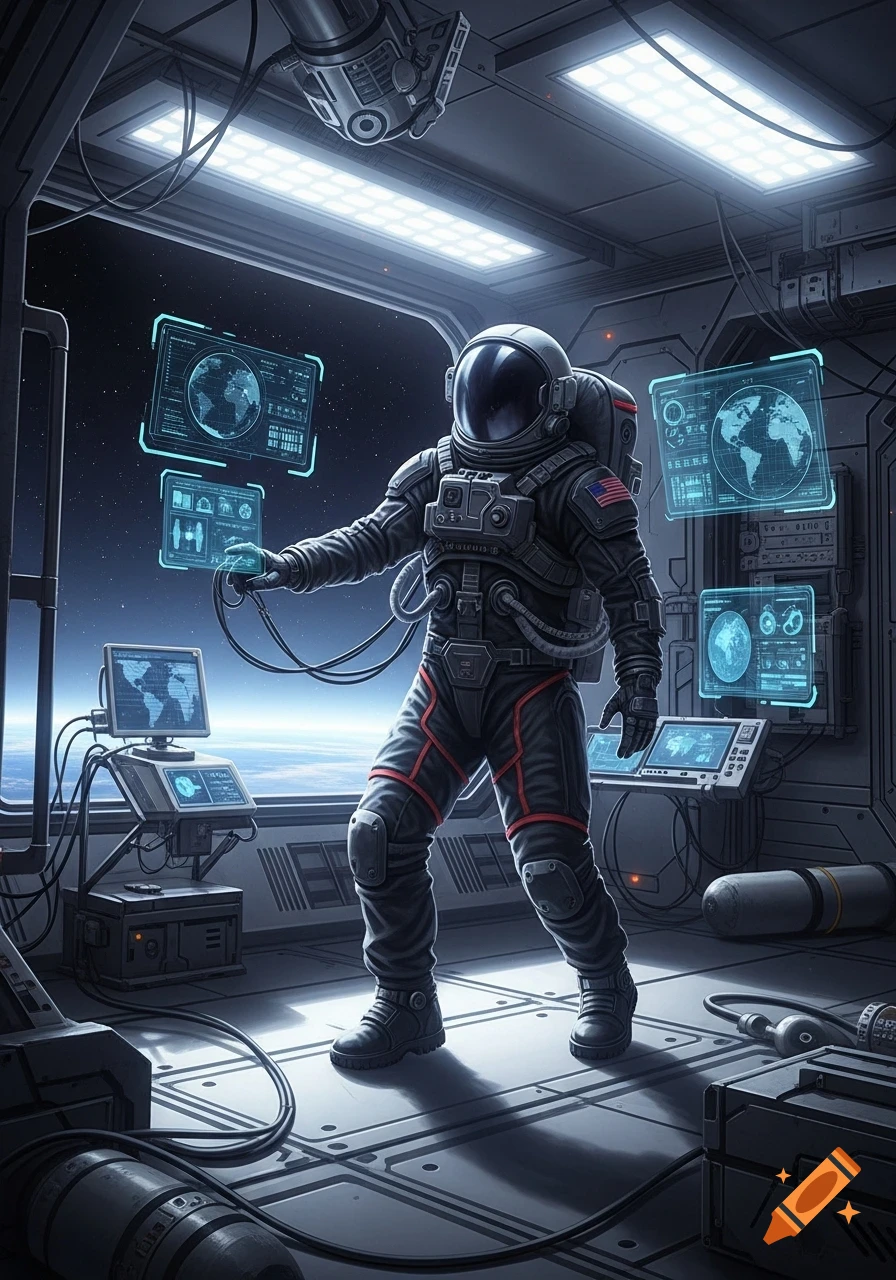 An astronaut in a black spacesuit with a gray helmet stands in a futuristic space station, interacting with holographic screens displaying data and world maps. The Earth is visible outside the window.