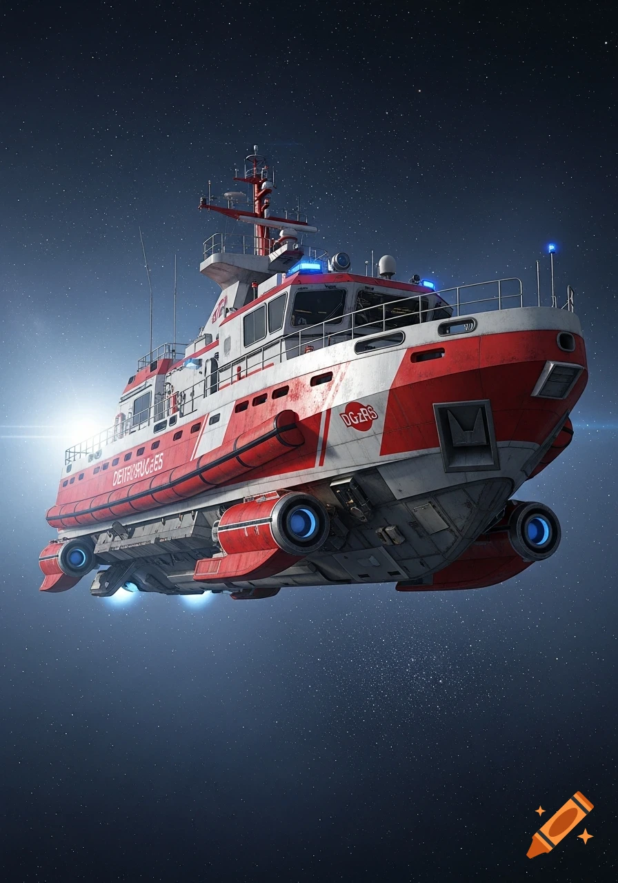 A futuristic red and white space rescue ship resembling a maritime vessel, with blue glowing thrusters, floats among stars.