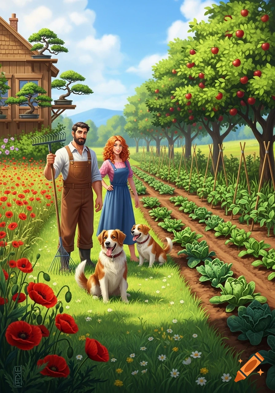 A man, woman, and two dogs stand in a vibrant illustrated garden with vegetables, apple trees, red poppies, and a wooden house.