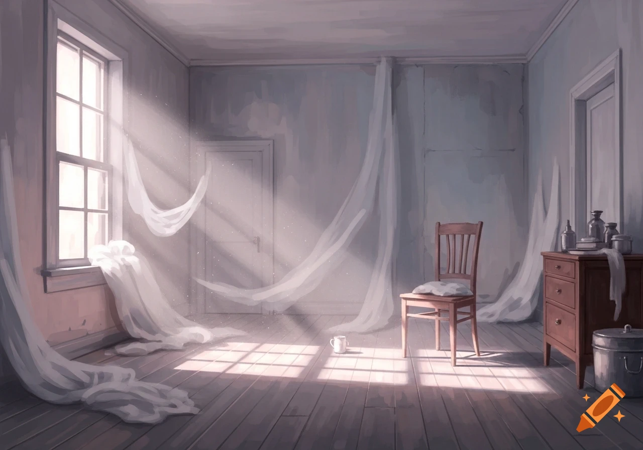 A stylized empty room with sunbeams streaming through a large window, illuminating dust and sheer fabric drapes. A wooden chair and dresser are visible.