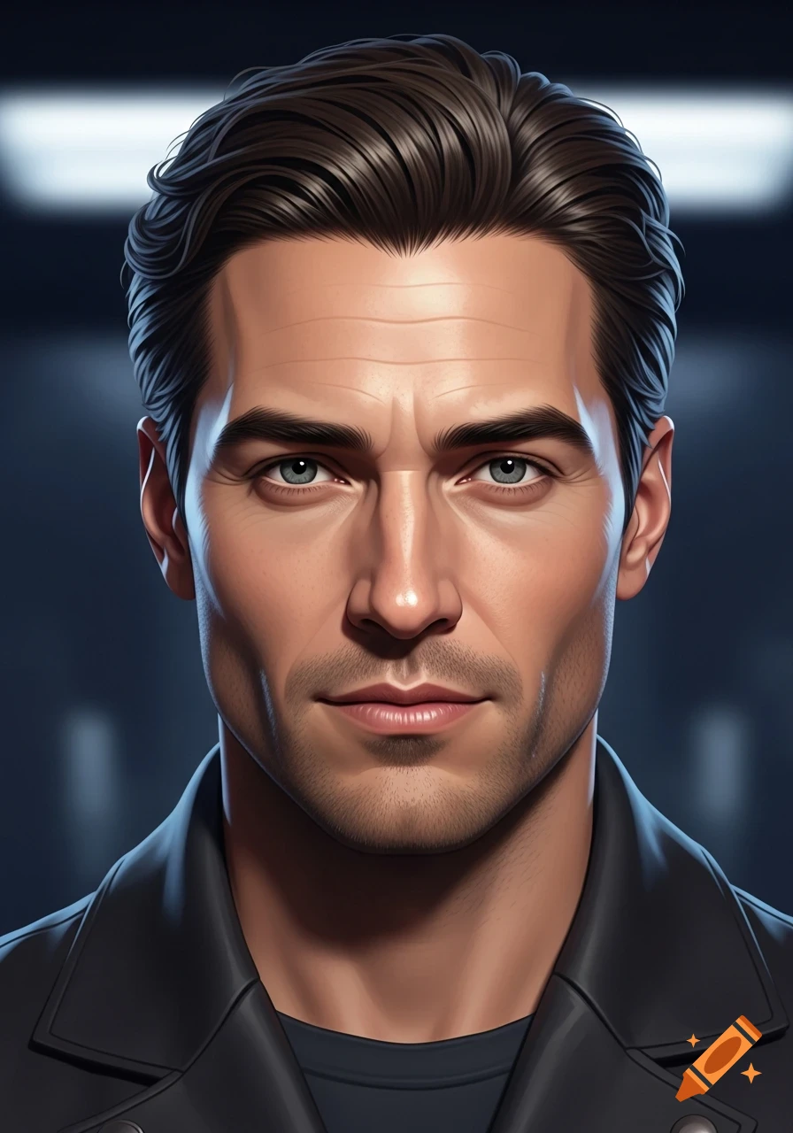 A close-up, front-facing digital art portrait of a handsome man with dark hair, light eyes, and light stubble, wearing a black leather jacket.