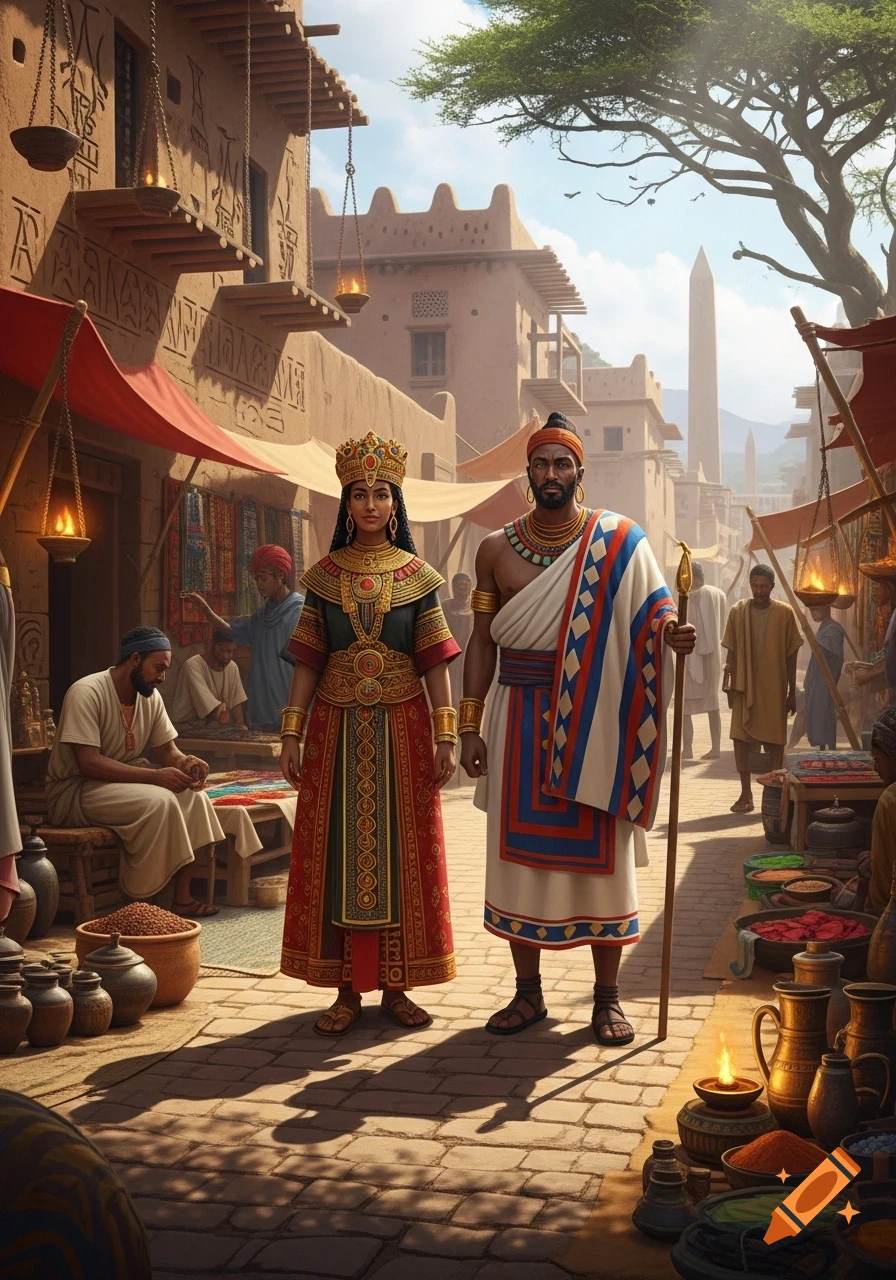 A man and woman in ornate traditional attire stand in a bustling ancient Axumite street market with mud-brick buildings and vendors.