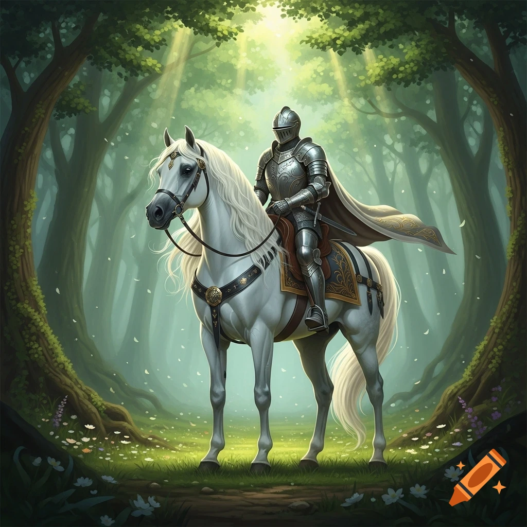 A knight in shining armor on a white horse stands in a bright, ethereal fantasy forest.