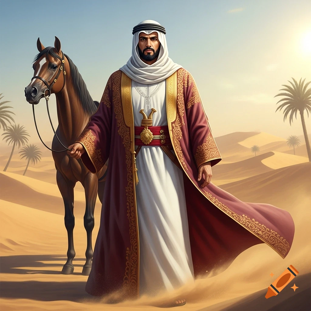 A man in traditional Arab attire with a headdress stands next to a brown horse in a sunlit desert landscape.