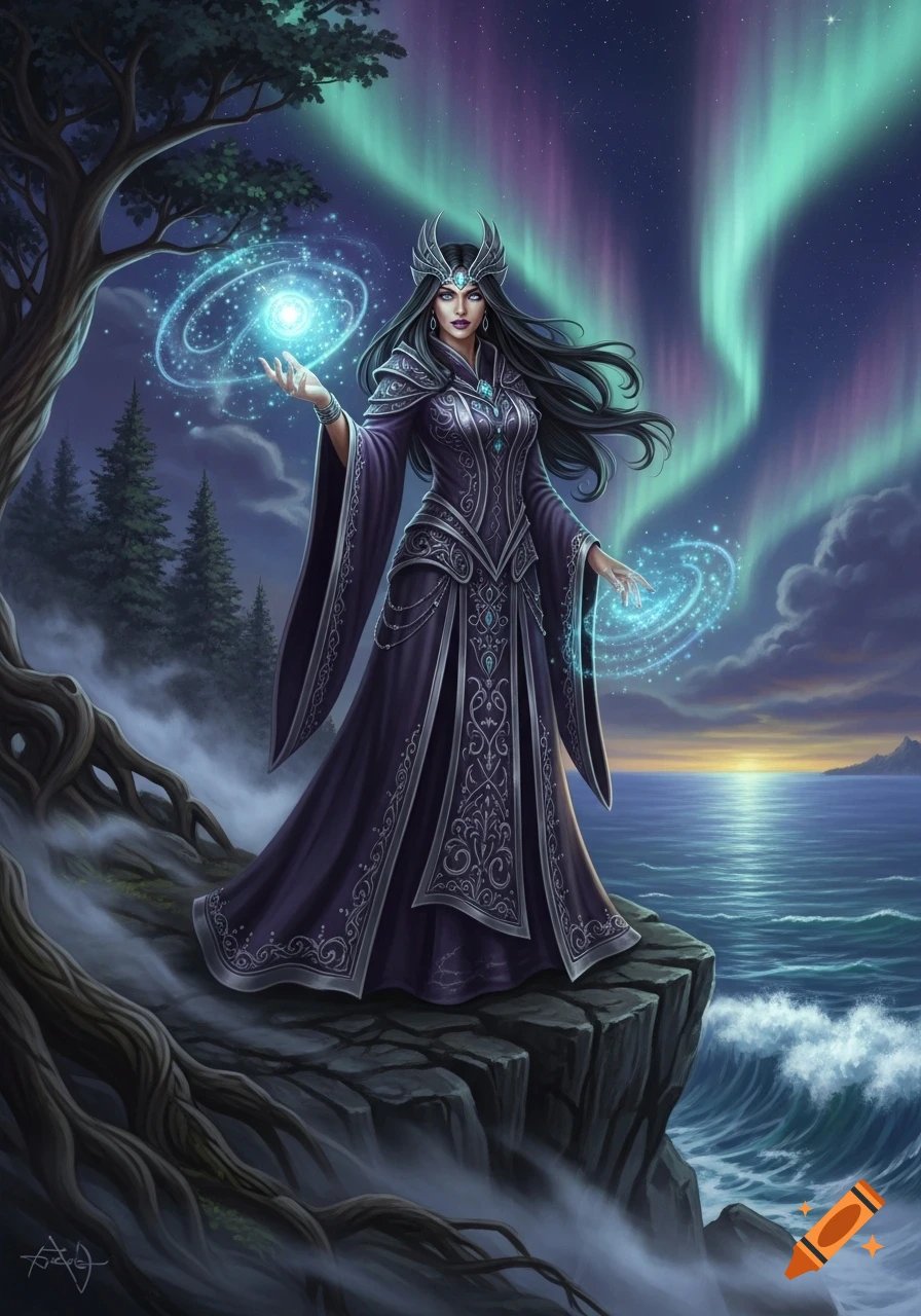 A fantasy sorceress in a dark ornate dress stands on a cliff by the ocean, conjuring magic under a vibrant aurora borealis sky.
