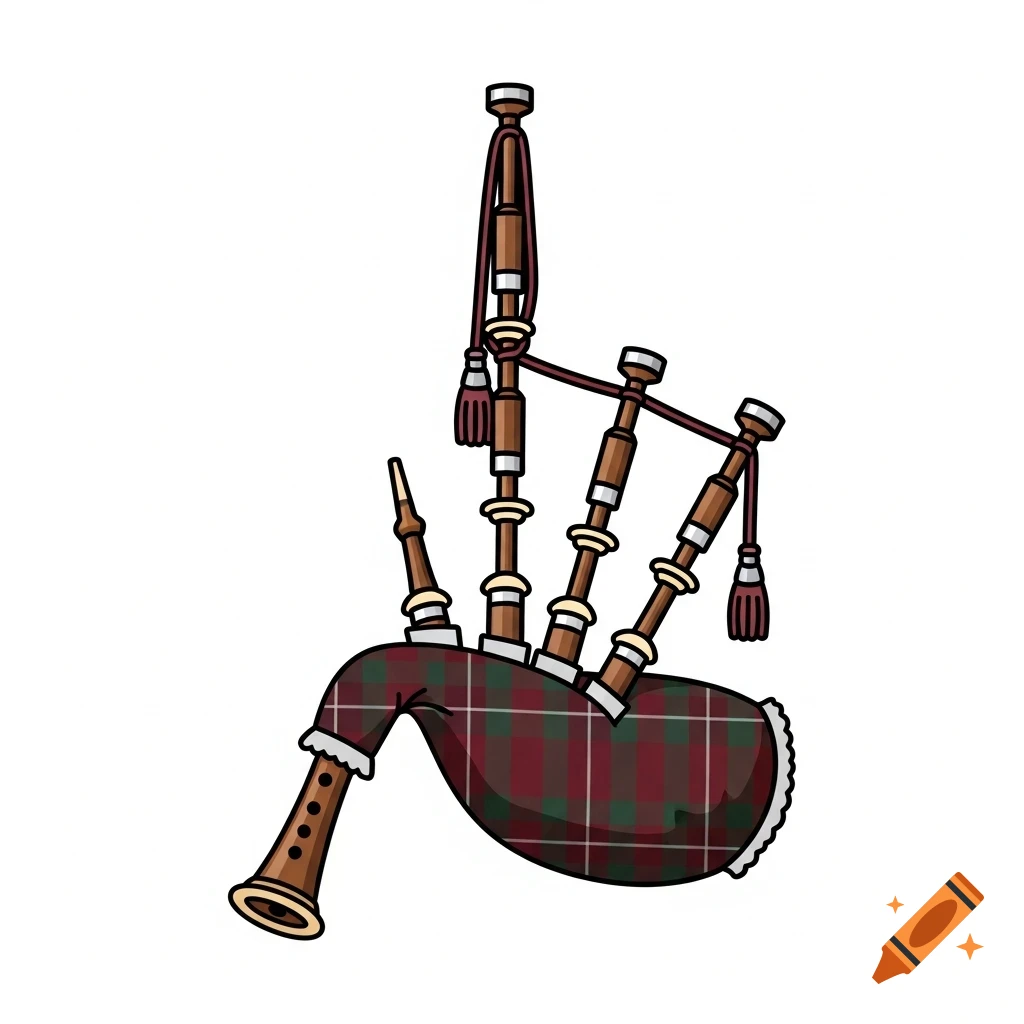 Stylized illustration of a traditional Great Highland bagpipe with a red and green plaid bag, chanter, and drones, on a white background.