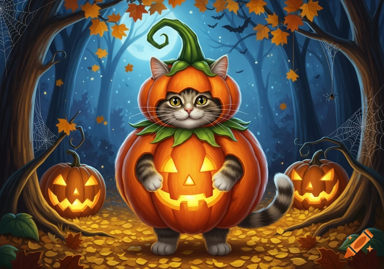 A cute tabby cat in a pumpkin costume stands in a spooky Halloween forest with jack-o'-lanterns and falling leaves, illustration.