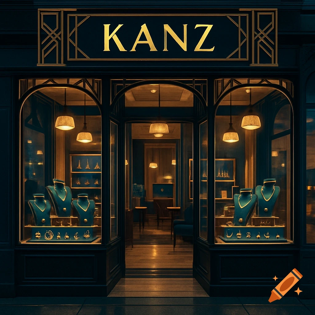 A luxurious jewelry store called KANZ, lit up at night, showcasing elegant necklaces and rings on display in its windows.