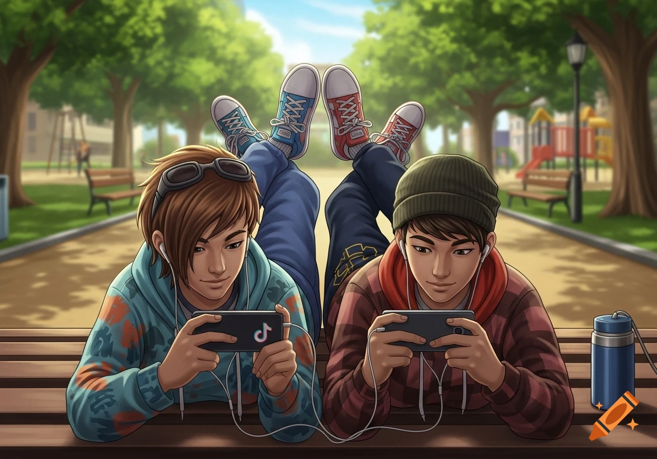 Two anime-style teenagers lie on a park bench, looking at phones with wired earbuds, their feet raised and crossed.