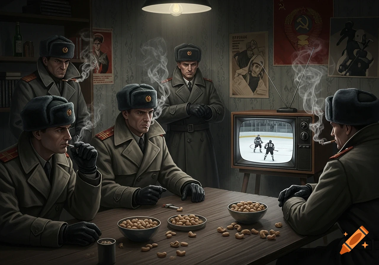 Several men in Soviet military uniforms with fur hats smoke cigarettes and eat cashews while watching hockey on an old TV in a dimly lit room with propaganda posters.