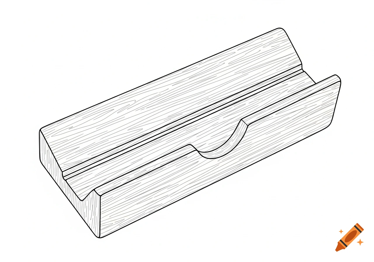 Simple line sketch of a wooden book page holder with a curved groove, seen from a top isometric view.