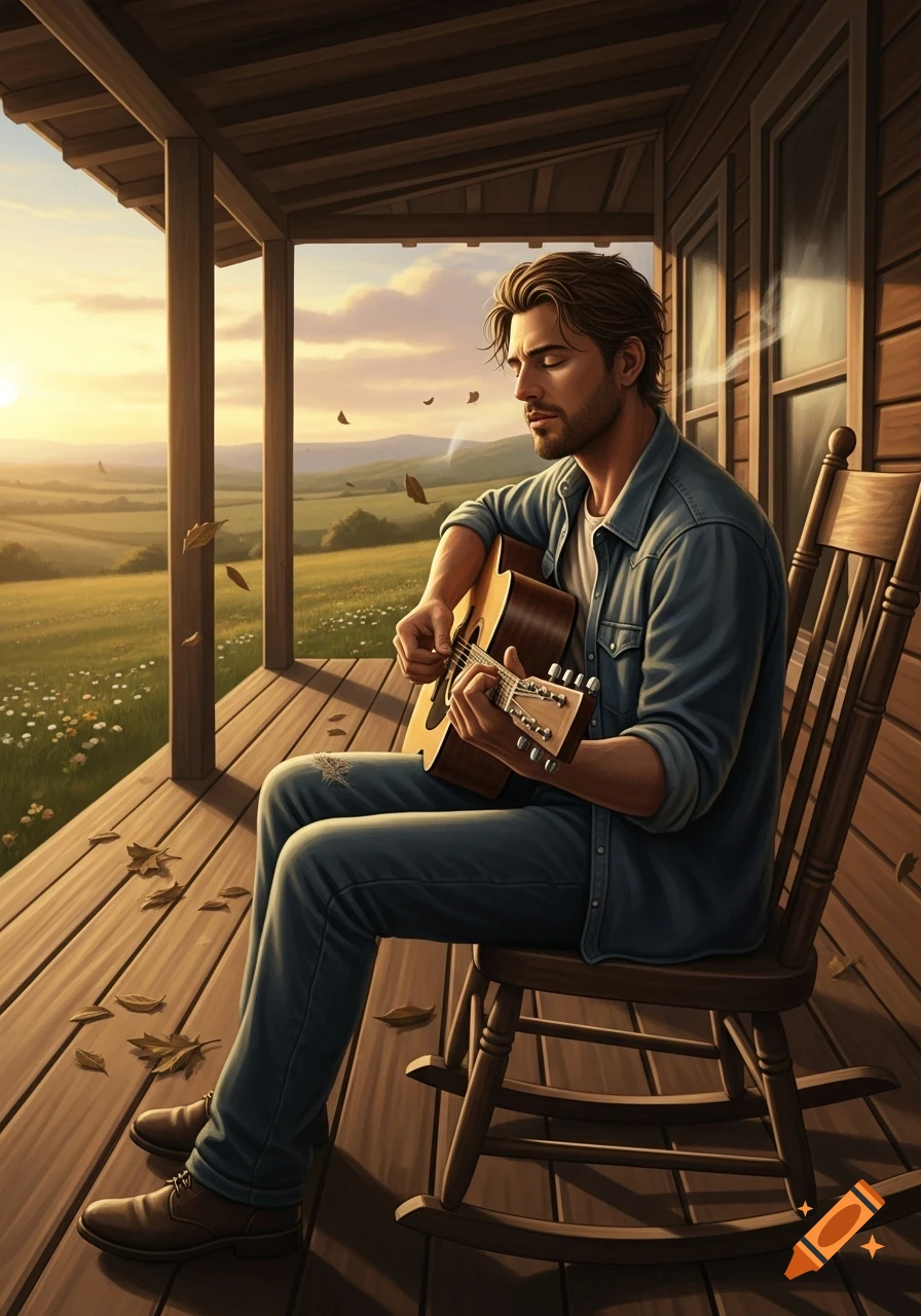 A man with closed eyes plays an acoustic guitar on a wooden porch, overlooking a field at sunset.