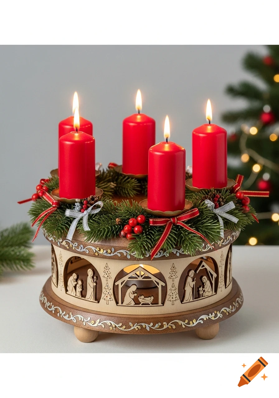 An Advent wreath with four lit red candles, evergreen boughs, red berries, and ribbons, on a wooden base featuring carved nativity scenes.