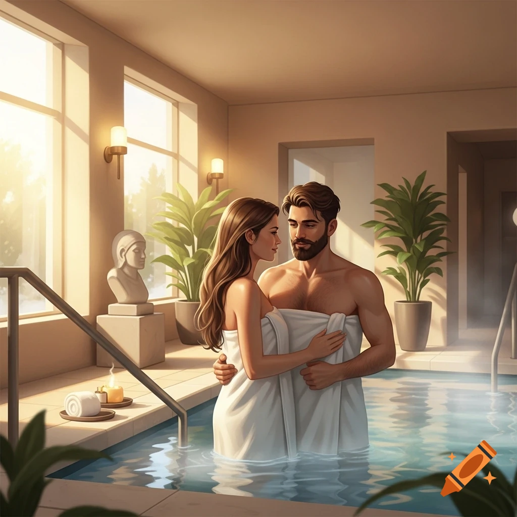A couple wrapped in towels stands in a thermal bath, looking at each other in a warm, illustrated spa setting.