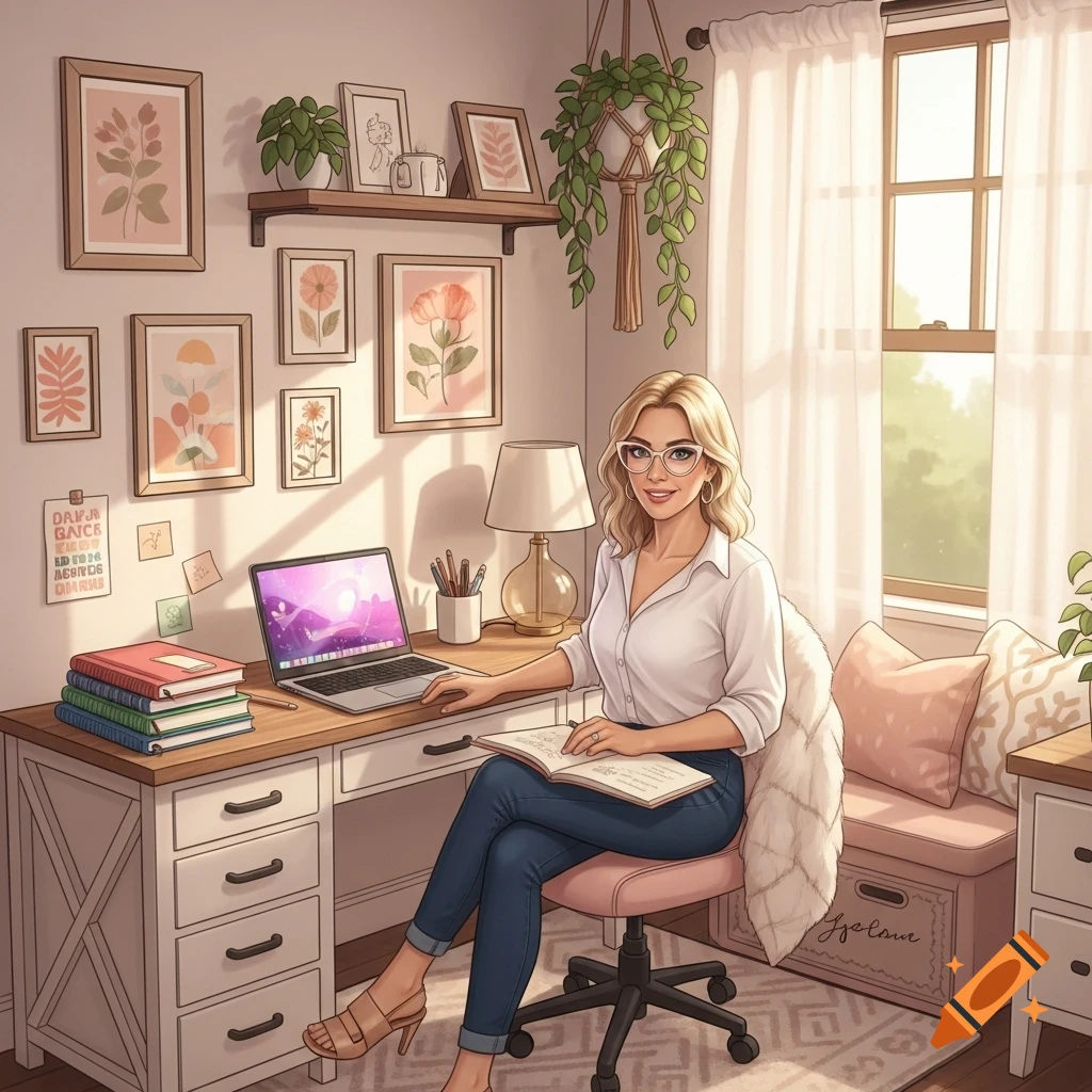 Blonde woman with cat-eye glasses sits at a desk with a laptop and books in a cozy, plant-filled room, illustration.