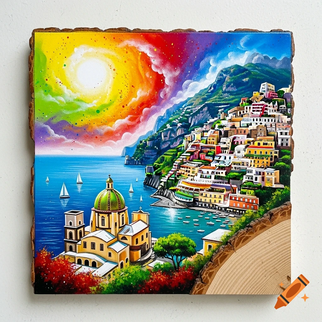 Vibrant spray paint art of Positano, Italy, on a wood plank, showing a coastal town with a green-domed church, hillside houses, and sailboats under a rainbow sky.