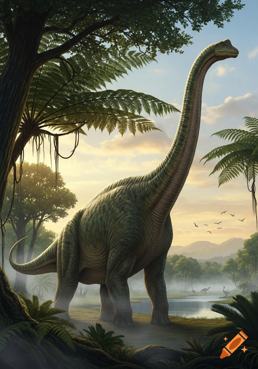 A large, long-necked dinosaur stands by a misty lake in a lush prehistoric forest at sunrise.
