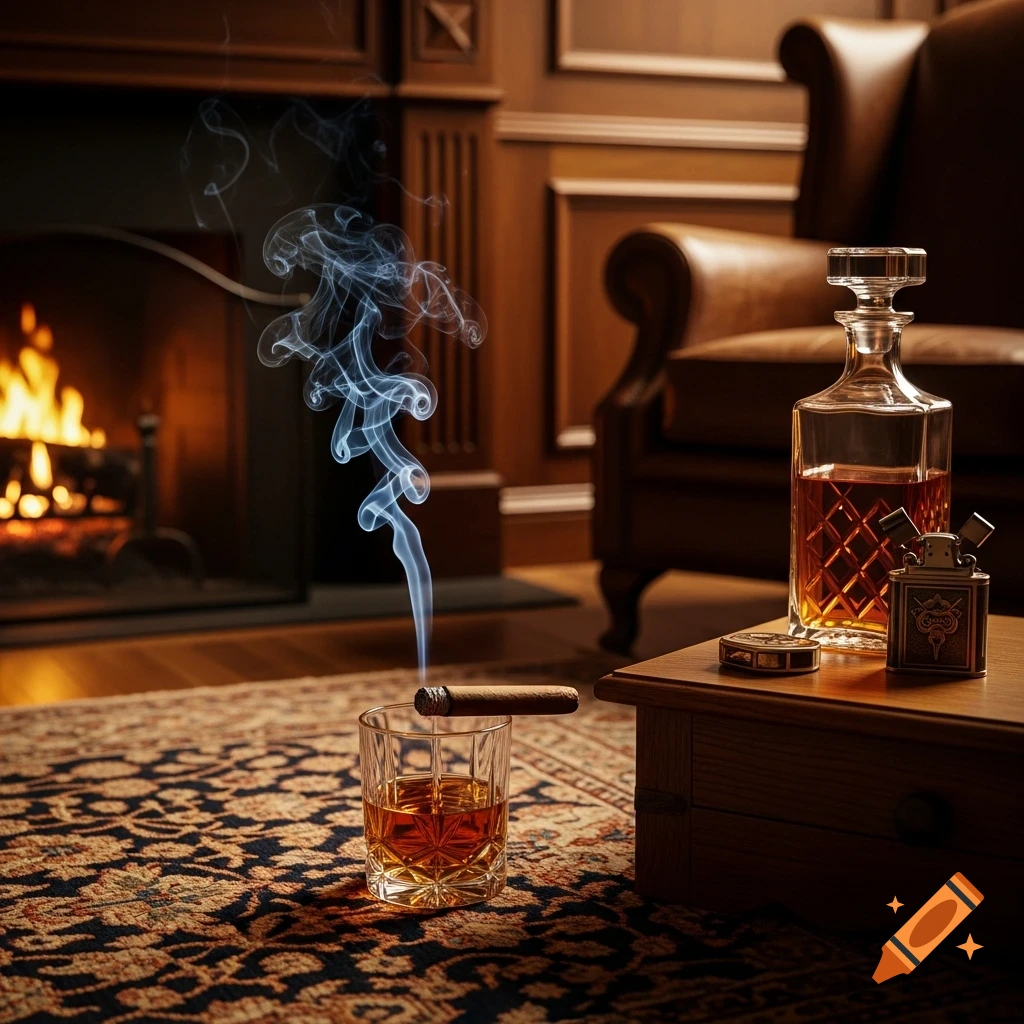 Photorealistic image of a lit cigar on a whiskey glass, with a decanter and lighter on a table, by a fireplace in a cozy room.