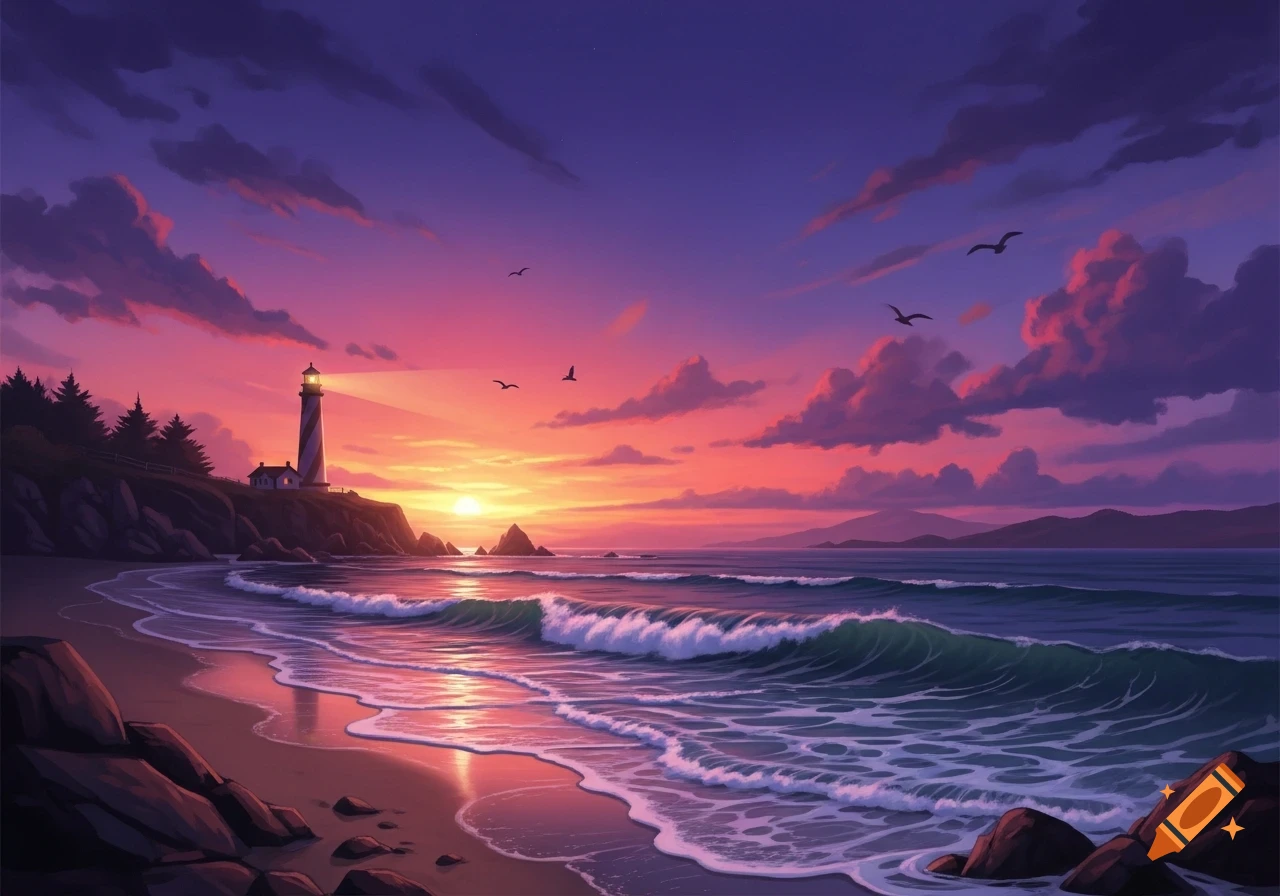 A vibrant sunset over a beach with a lighthouse on a rocky cliff, ocean waves crashing, and birds flying in the pink and purple sky.